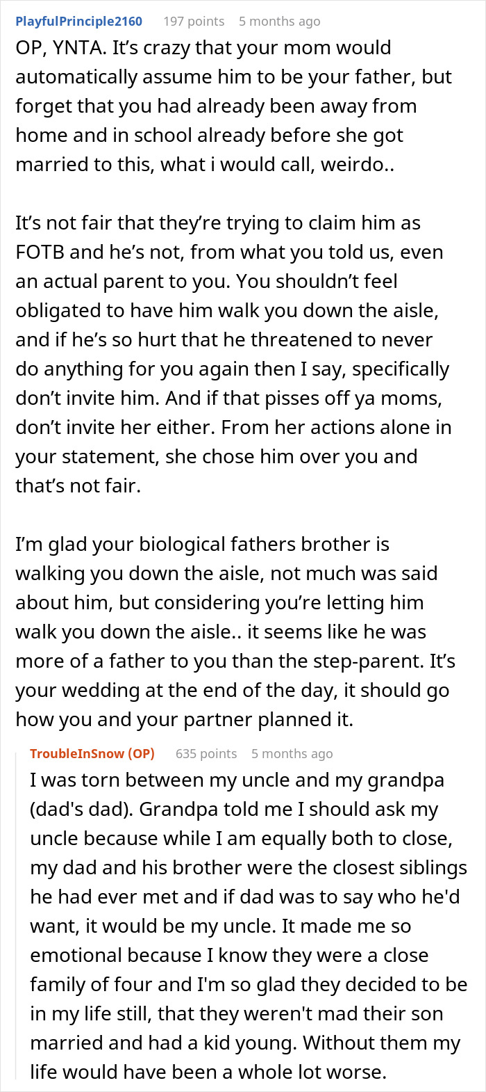 Mom Gets Mad Over Daughter's Refusal To Let Stepdad Walk Her Down The Aisle