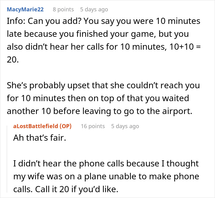 "Am I A Jerk For Picking My Wife Up From The Airport 10 Minutes Late?" "Am I A Jerk For Picking My Wife Up From The Airport 10 Minutes Late?"