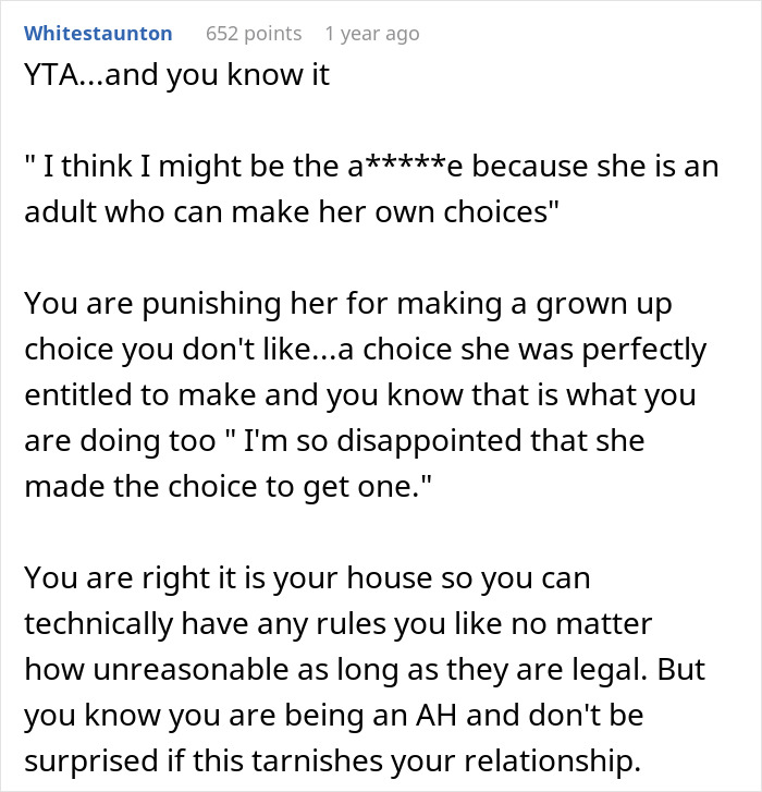 Text discussing a mom's ultimatum to her daughter about a tattoo and the resulting critique. Text discussing a mom's ultimatum to her daughter about a tattoo and the resulting critique.