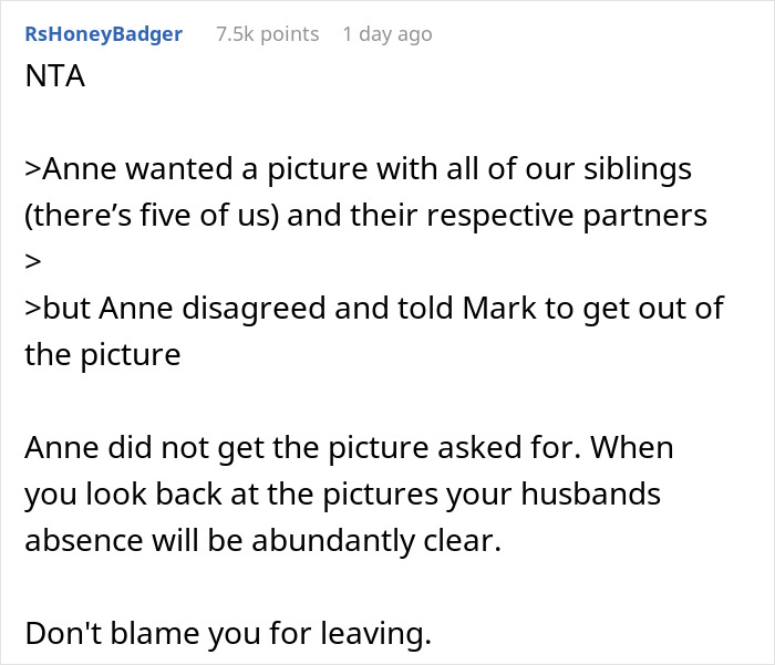 Bride Doesn't Want Brother's Husband "Ruining The Aesthetic" In Wedding Photos, Is Surprised When They Leave The Party Bride Doesn't Want Brother's Husband "Ruining The Aesthetic" In Wedding Photos, Is Surprised When They Leave The Party