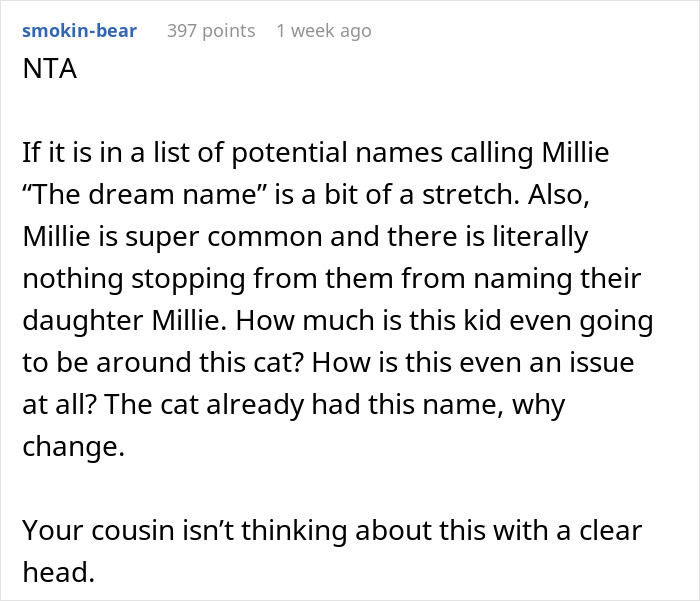 Woman Doesn't Want To Change Her Cat's Name Because Pregnant Cousin Wants To Use It For Her Baby, Wonders If She's Just Being Stubborn
