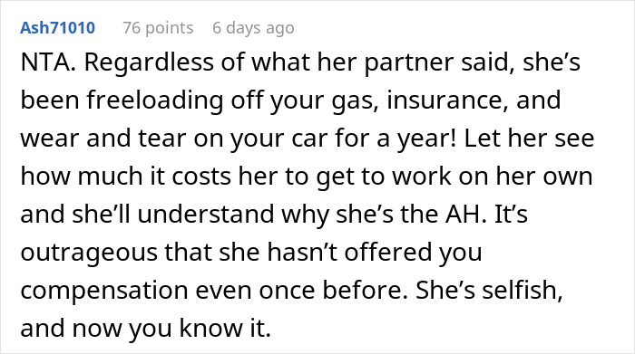 Woman Loses A Free Ride To Work After 14 Months By Asking Coworker To Pay For Their Lift Instead Of Returning The Favor