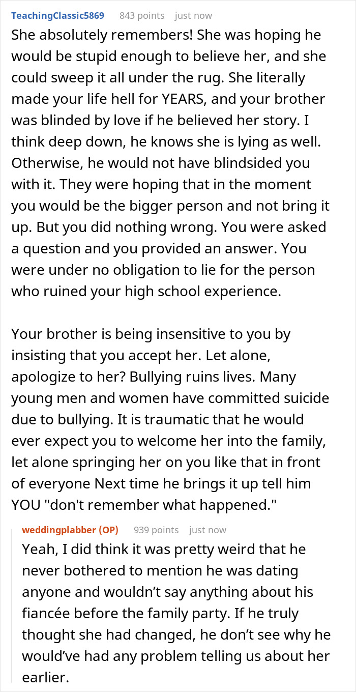 Brother Introducing His Fianc&eacute;e At A Family Event Takes A Turn When His Sister Recognizes Her High School Bully And Sheds Light On Her Past