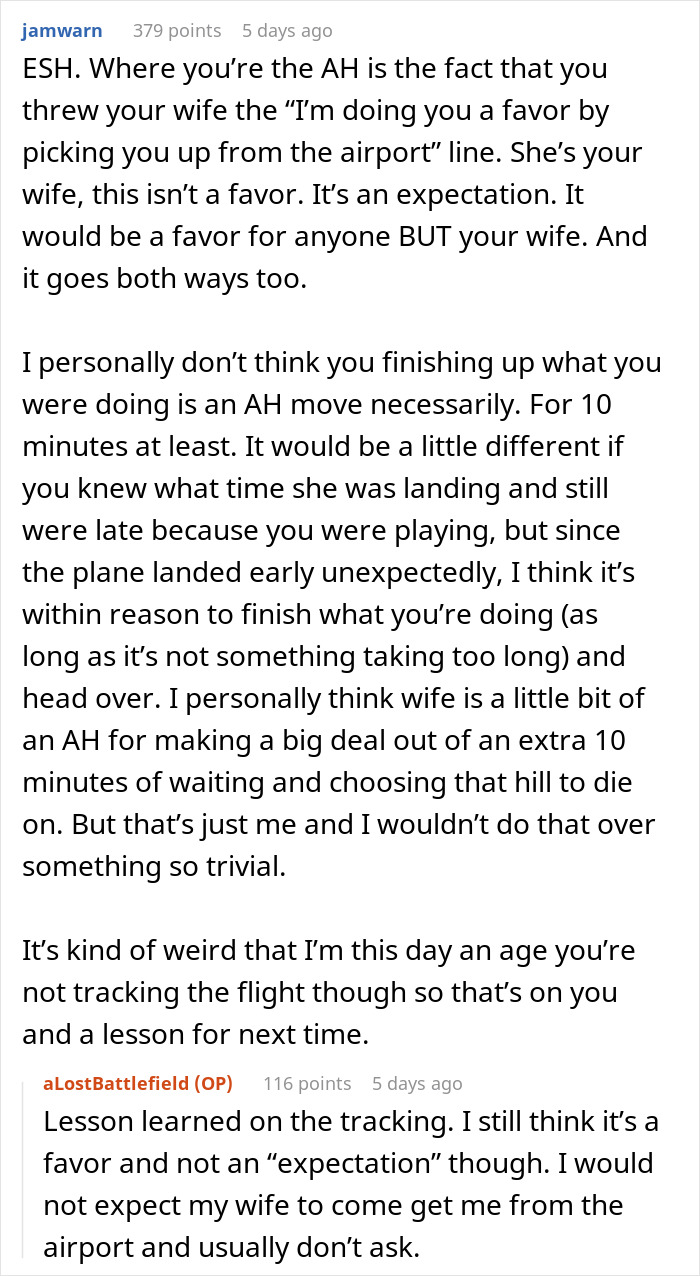 "Am I A Jerk For Picking My Wife Up From The Airport 10 Minutes Late?" "Am I A Jerk For Picking My Wife Up From The Airport 10 Minutes Late?"
