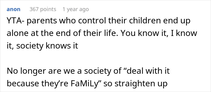 A comment discussing parental control and consequences in family dynamics. A comment discussing parental control and consequences in family dynamics.