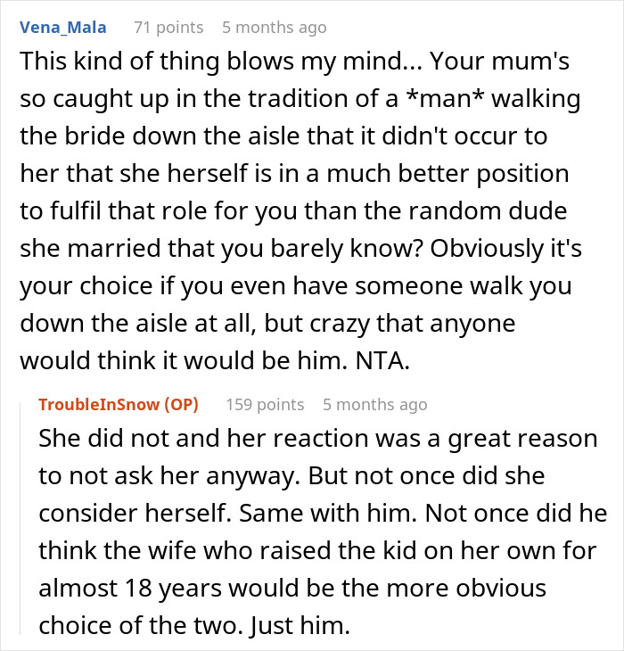 Mom Gets Mad Over Daughter's Refusal To Let Stepdad Walk Her Down The Aisle