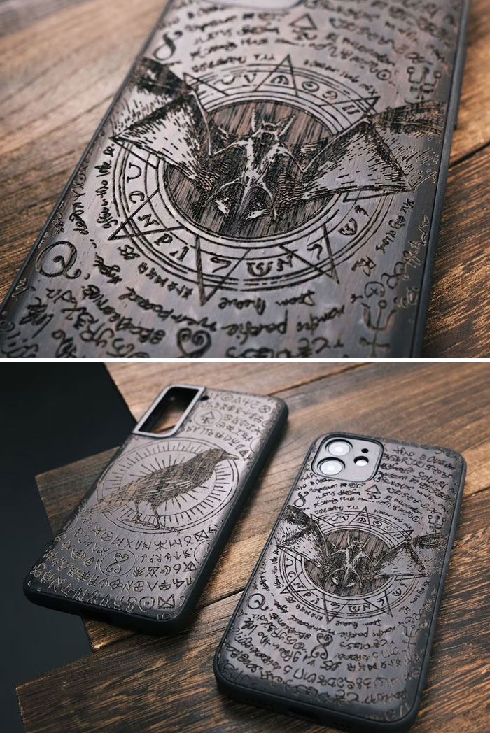 Witchcraft Bat Or Raven Engraved Wooden Case
