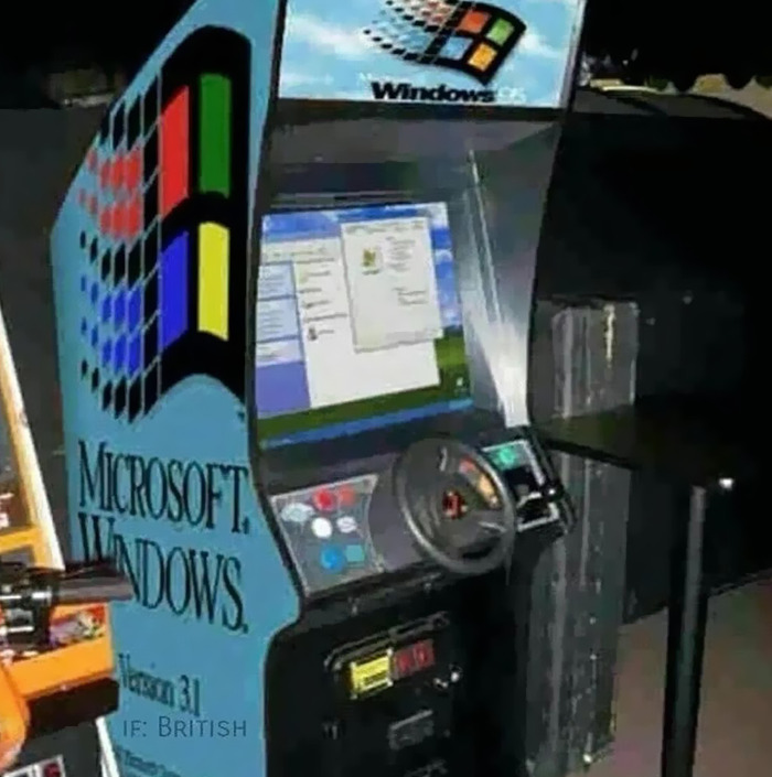 Cursed meme of a Windows arcade machine running Microsoft Windows OS.