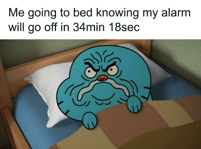 Cartoon character in bed, grumpy face, with text about a Monday alarm set for 34 minutes.
