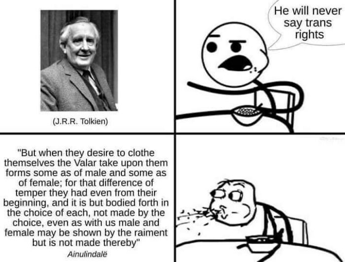 Pride Month meme with a humorous reaction to a quote about gender from Tolkien's work.