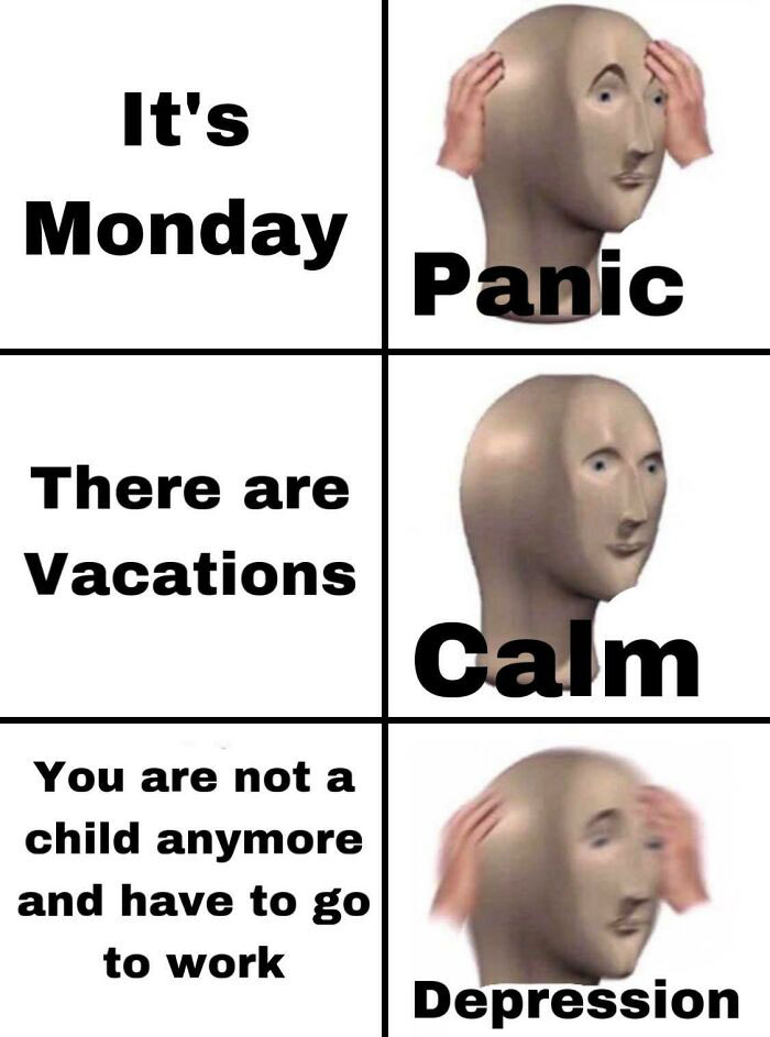 Meme shows different reactions to Monday: panic, calm, and depression, humorously capturing Monday memes.