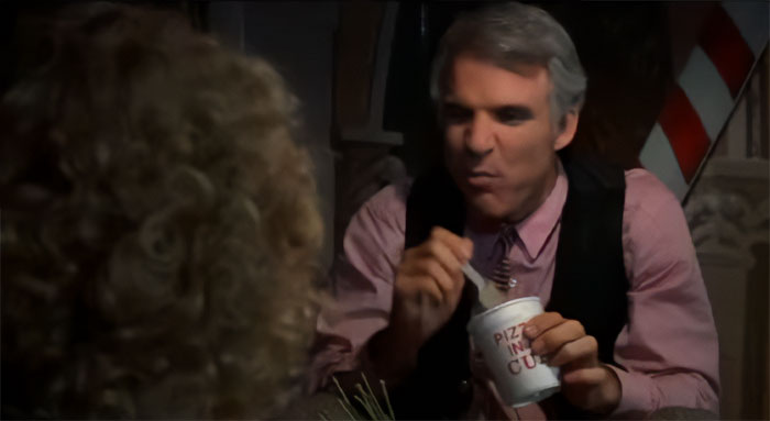 Navin from The Jerk eating "Pizza in Cup"