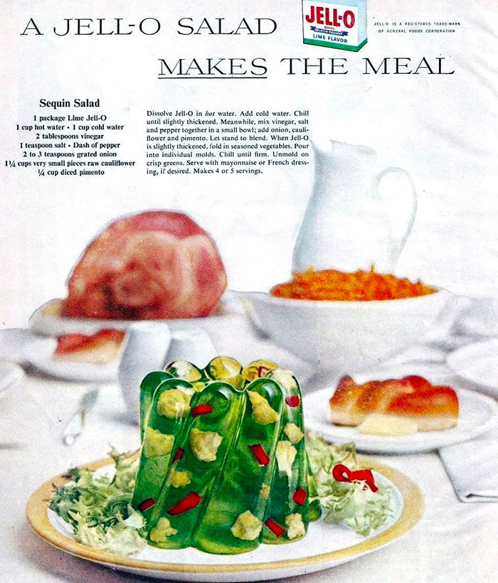 An old Jell-O salad recipe advertisement, highlighting the unique food history of vintage dishes.