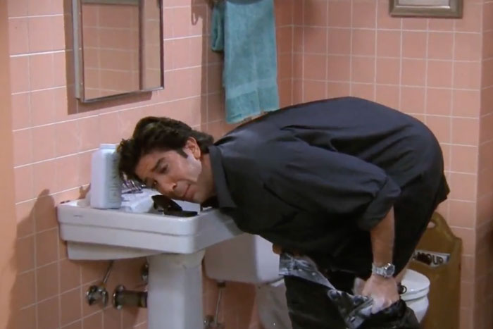 Ross can't put his pants back on 