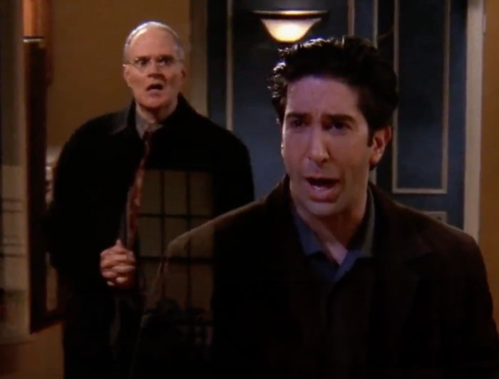 Ross is looking at the window an sees his sister with Chandler 