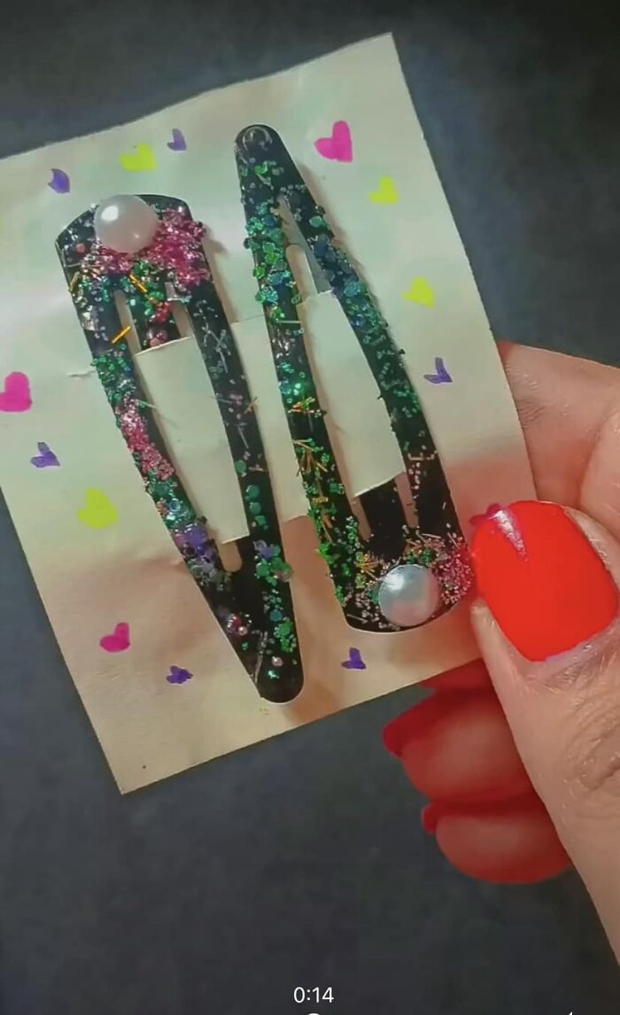 “DIY Hairclips” = Random Glitter Poured Onto Wet Black Nail Polish