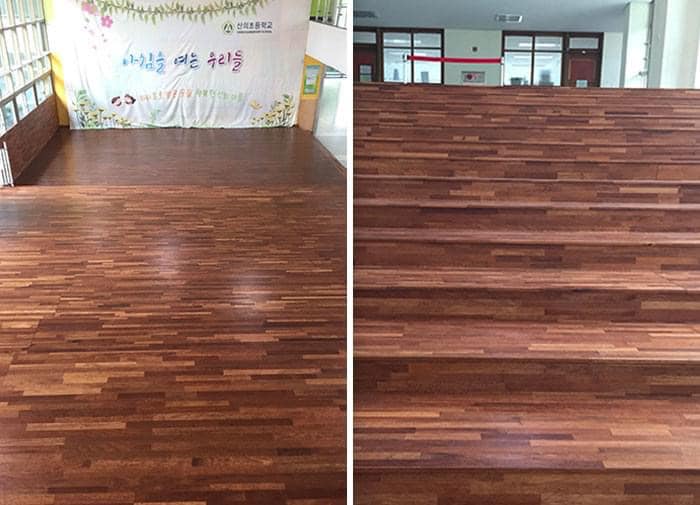 Left, Picture Of Stairs From Top-The Wood Planks Run Parallel To Stair Edges Seemingly Forming A Flat Surface. Right, Steps Viewed From Bottom After Fall