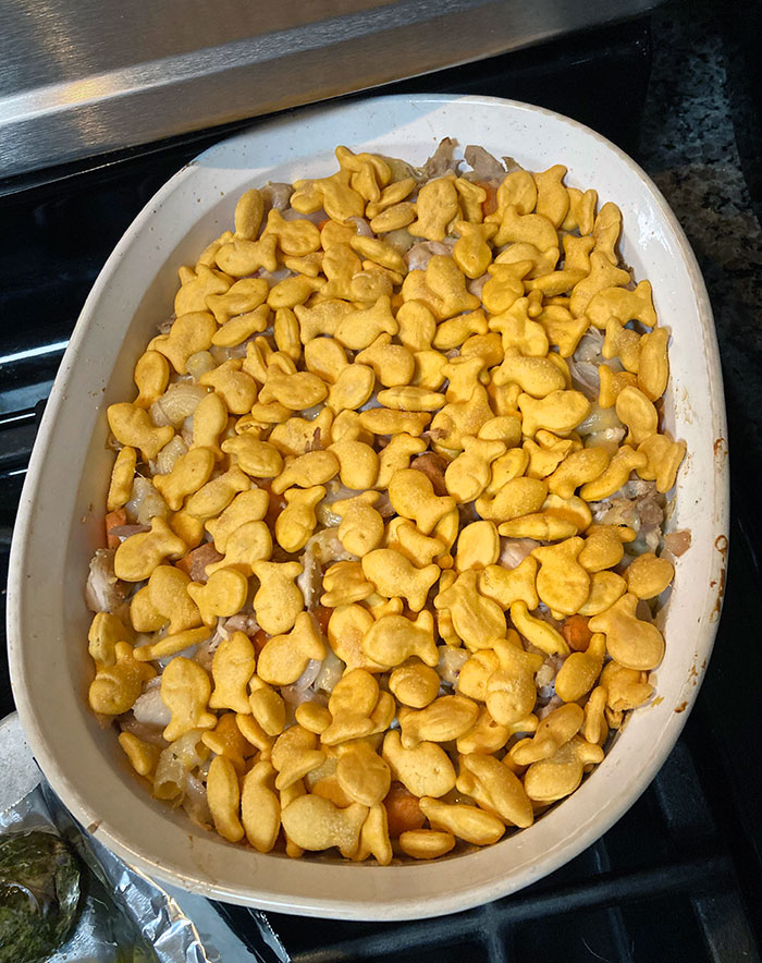 Husband's Turn To Cook. I Pop In The Kitchen For A Moment, And He Says We Are Out Of Breadcrumbs. I Said: "No Problem, You Can Use Crackers As A Substitute"