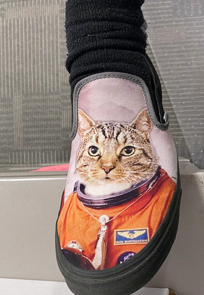 My Husband Photoshopped Our Cat As An Astronaut And Had It Printed On His Vans. Sweetest Boy In Space