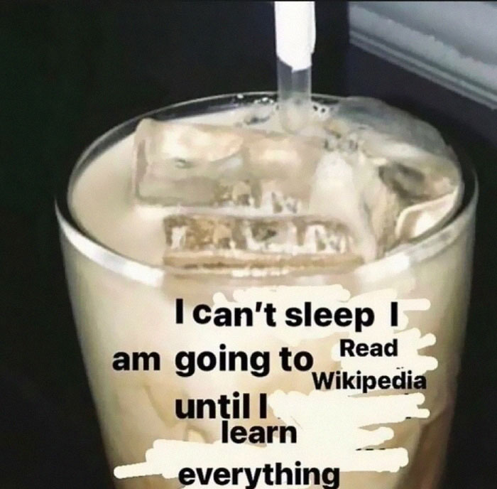 A meme with a glass of iced coffee, text humorously relating educational topics and insomnia.