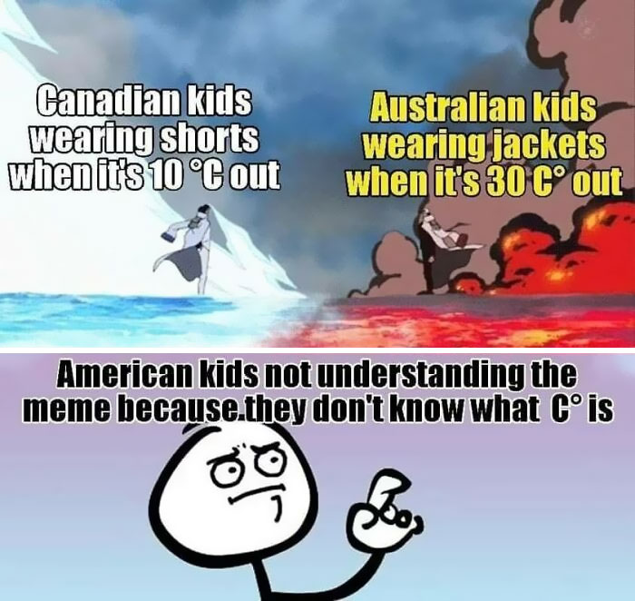 Educational memes comparing weather perceptions by Canadian, Australian, and American kids with humorous illustrations.