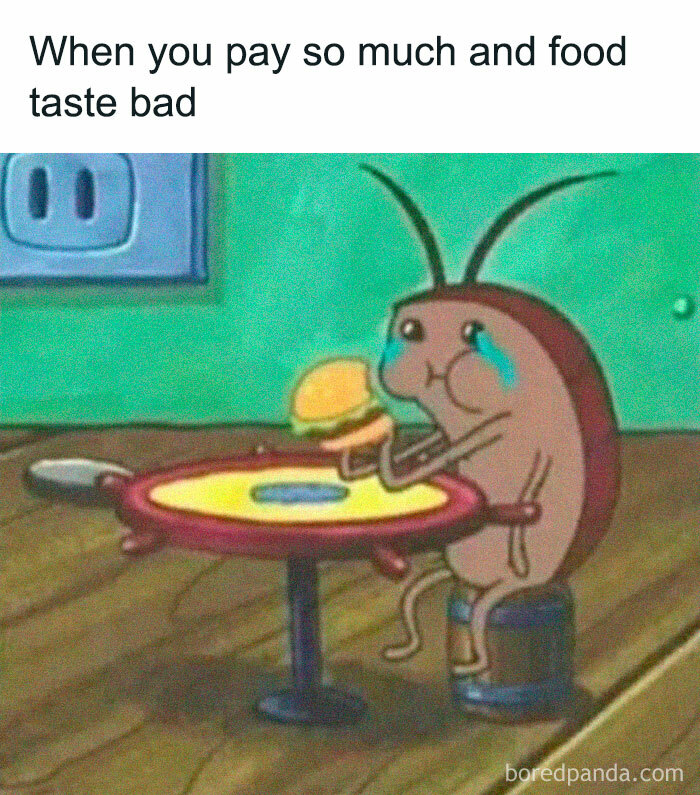 Cartoon character crying over a bad-tasting burger, illustrating a hilarious meme.