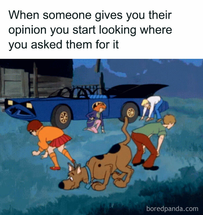 Cartoon characters humorously searching for opinions, capturing a hilarious meme moment.