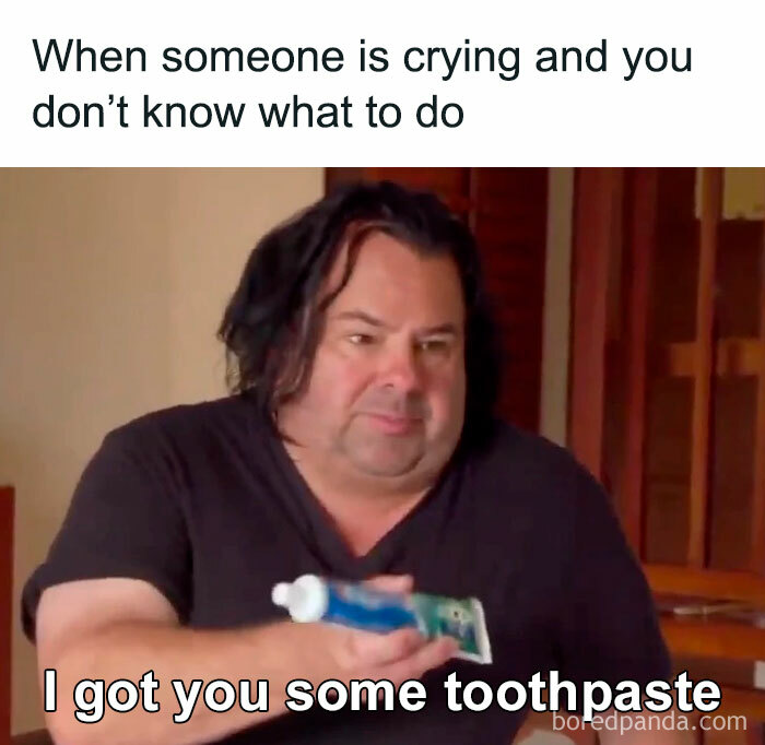 Man offering toothpaste in a humorous meme.