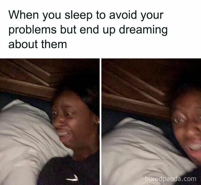 Hilarious meme of a person reacting dramatically in bed with caption about dreaming of problems.