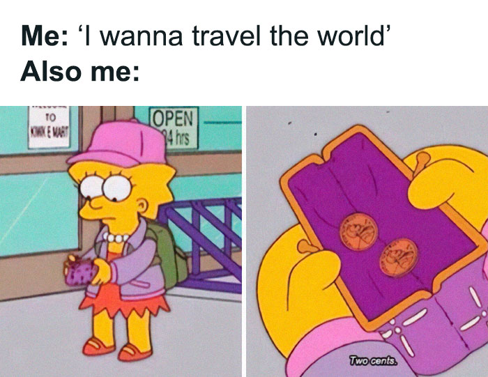 Cartoon character with a suitcase, humorously showing two cents in their wallet. Hilarious memes on Instagram.