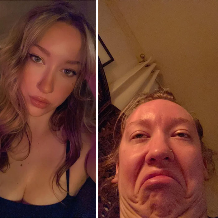 Funny before and after photo showing the dramatic difference in poses and facial expressions of the same person.