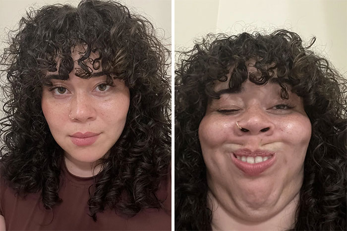 Funny before and after pics of the same person with curly hair, showing a serious and a silly expression.