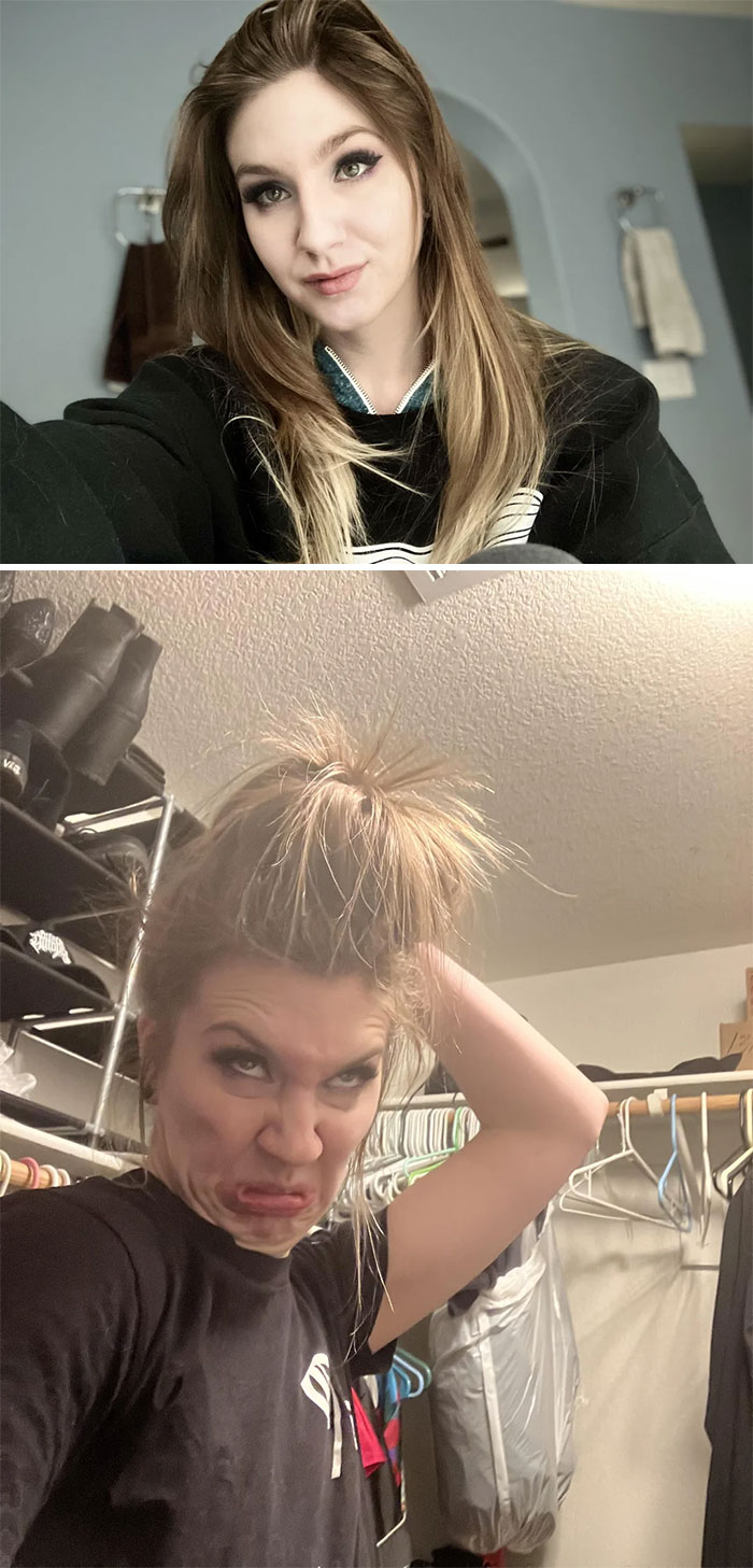 Funny before and after pics of a woman; first smiling, then making a silly face in a closet.