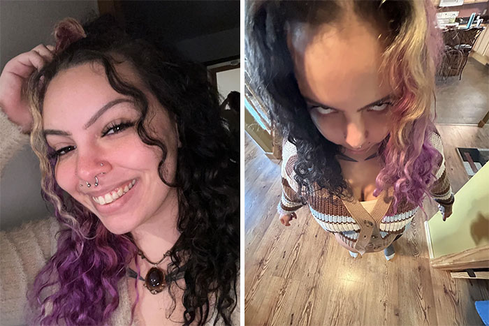 Funny before and after photo showing a woman with curly purple hair smiling in one image and posing with a fierce look in the next.