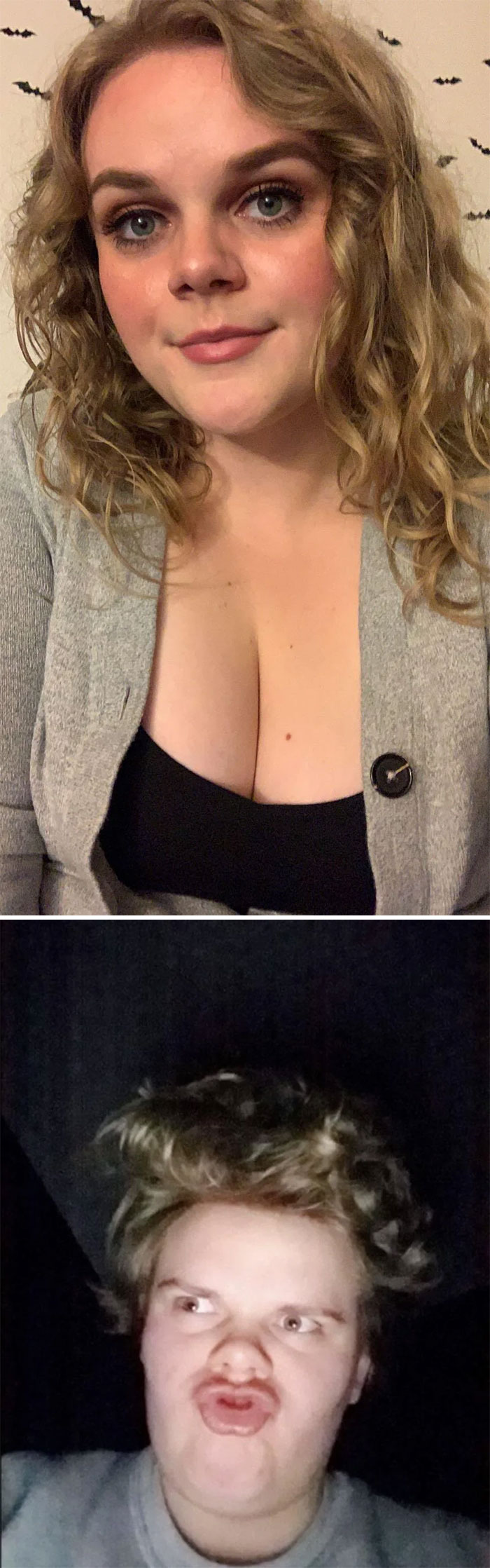 Funny before and after pics showing a woman's transformation with hairstyle changes and facial expressions.