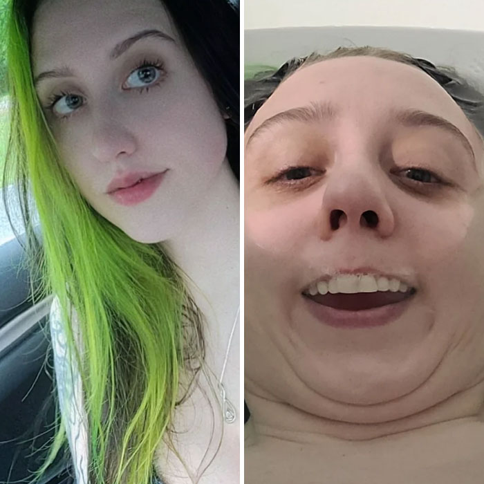 Before and after transformation featuring a woman with green hair, funny contrast.