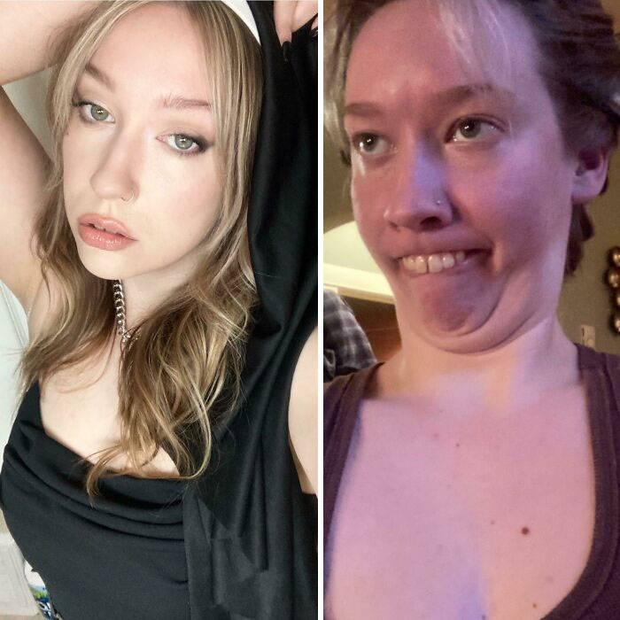 Funny before and after photos showing the same person's transformation side by side.