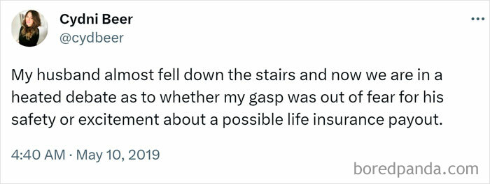 Funny meme about life: A tweet humorously debating fear versus excitement over a spouse's near stair fall.