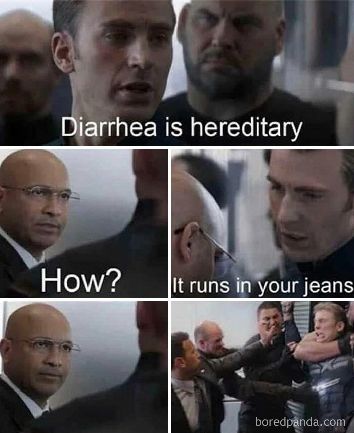 Funny life meme with characters discussing hereditary diarrhea joke on a train, emphasizing humor in everyday situations.
