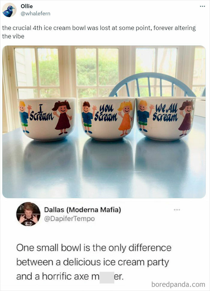 Three ice cream bowls with "I Scream, You Scream, We All Scream" text from Punsworld IG Page meme about life.