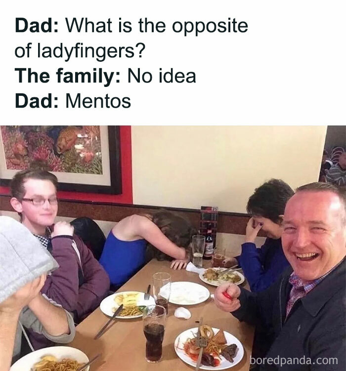 Family laughing at a pun about ladyfingers and Mentos in a funny life meme shared by Punsworld IG.