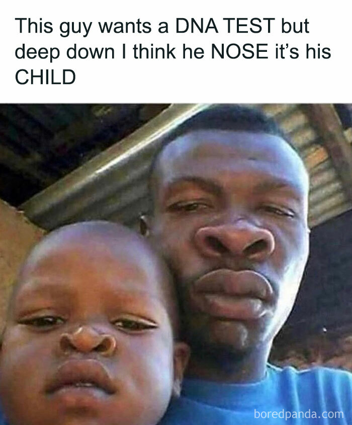 Father and son with similar noses in a relatable, funny meme about life from Punsworld IG Page.