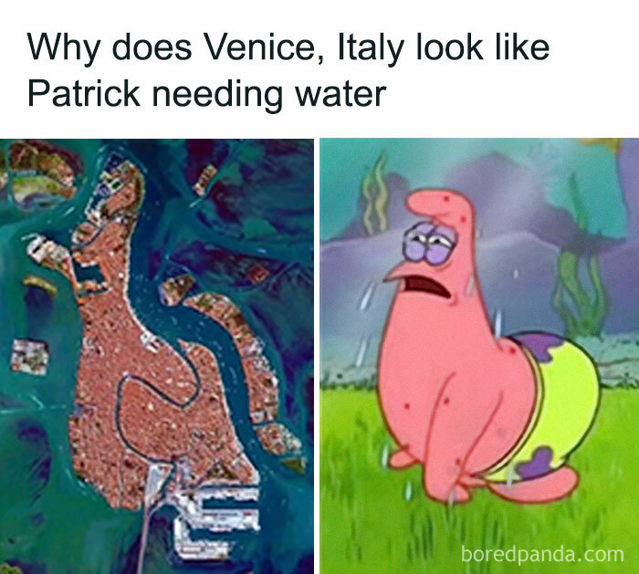 Map of Venice compared to cartoon character Patrick looking thirsty, showcasing a funny meme about life.