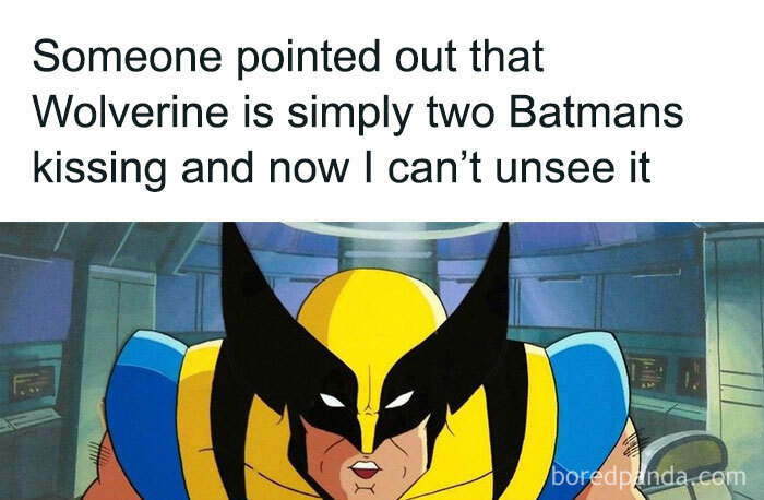 Funny meme about life by Punsworld IG: Wolverine's mask humorously compared to two Batmans.