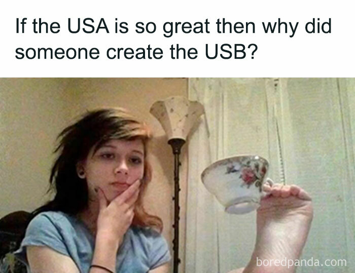 Woman holding a cup with her foot, pondering a funny meme about life comparing USA and USB.
