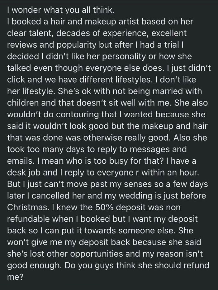 Bride Cancels Mua Because Mua Is Not Married And Has Kids. Bride Wants Deposit Back