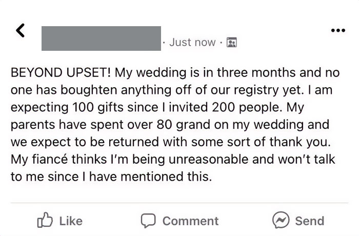 From A Wedding Group, Bride Is Mad Because No One Has Sent Gifts Yet