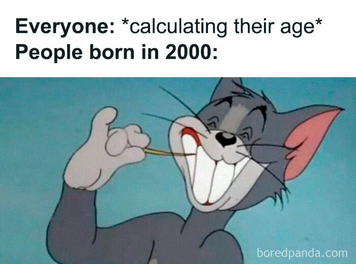 Math meme with a cartoon character smirking, humorously illustrating calculations of birth year 2000.