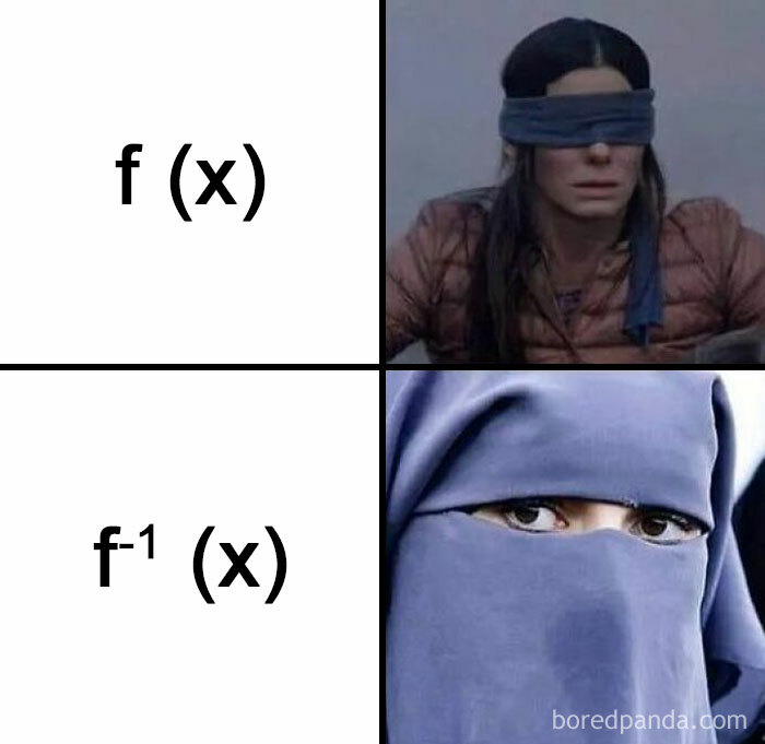 Funny math meme with "f(x)" showing blindfolded woman and "f⁻¹(x)" showing woman in a niqab.