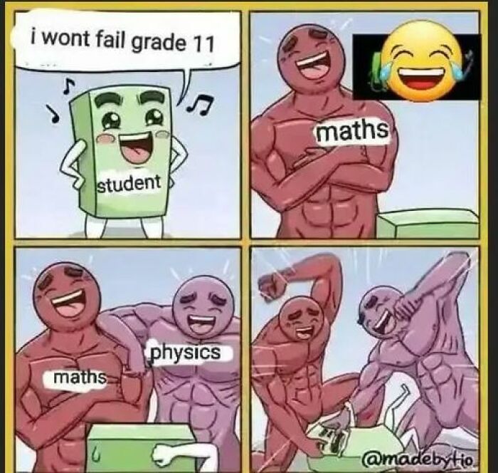 Student confident in passing grade 11 faces laughing muscular maths and physics characters in a funny math meme.